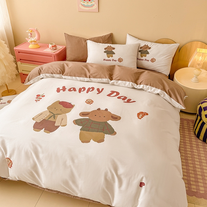 91家纺网 家纺一手货源 找家纺 玉元坊 2025新款通纯色全棉床笠纯棉床裙学生床单三四件套基础款 快乐小熊