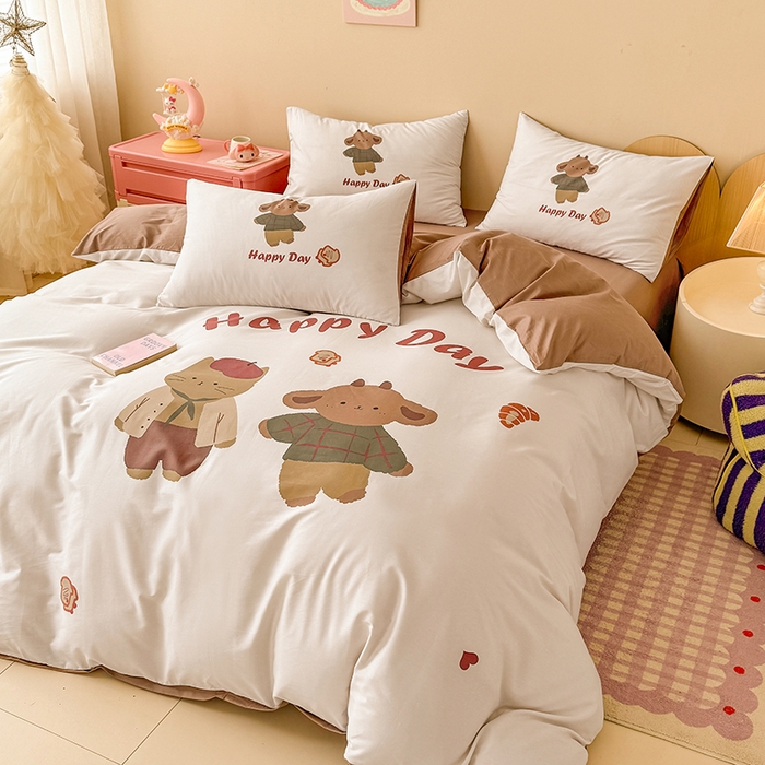 91家纺网 家纺一手货源 找家纺 玉元坊 2025新款通纯色全棉床笠纯棉床裙学生床单三四件套基础款 快乐小熊