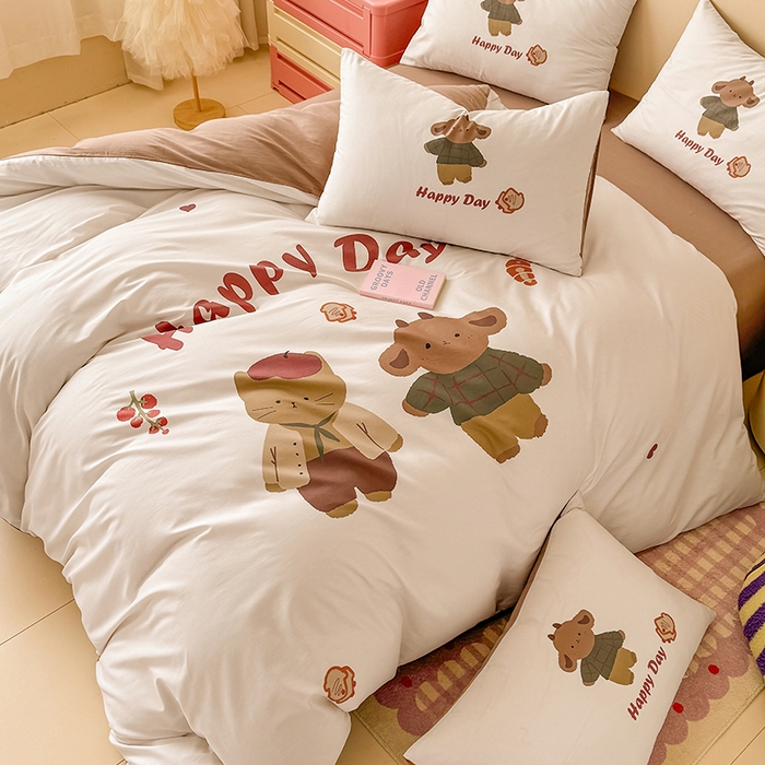 91家纺网 家纺一手货源 找家纺 玉元坊 2025新款通纯色全棉床笠纯棉床裙学生床单三四件套基础款 快乐小熊