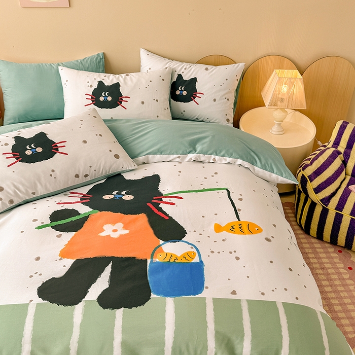 91家纺网 家纺一手货源 找家纺 玉元坊 2025新款通纯色全棉床笠纯棉床裙学生床单三四件套基础款 猫钓鱼