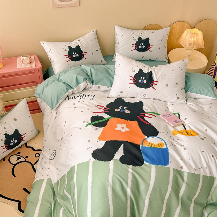 91家纺网 家纺一手货源 找家纺 玉元坊 2025新款通纯色全棉床笠纯棉床裙学生床单三四件套基础款 猫钓鱼