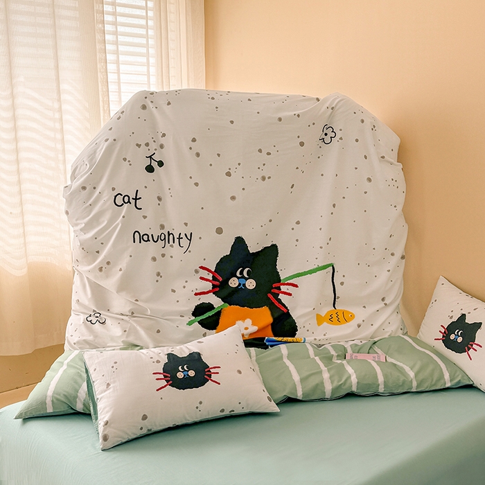 91家纺网 家纺一手货源 找家纺 玉元坊 2025新款通纯色全棉床笠纯棉床裙学生床单三四件套基础款 猫钓鱼