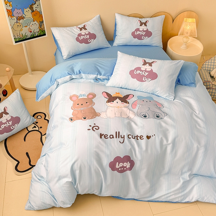 91家纺网 家纺一手货源 找家纺 玉元坊 2025新款通纯色全棉床笠纯棉床裙学生床单三四件套基础款 兔子伙伴