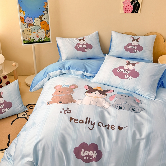 91家纺网 家纺一手货源 找家纺 玉元坊 2025新款通纯色全棉床笠纯棉床裙学生床单三四件套基础款 兔子伙伴