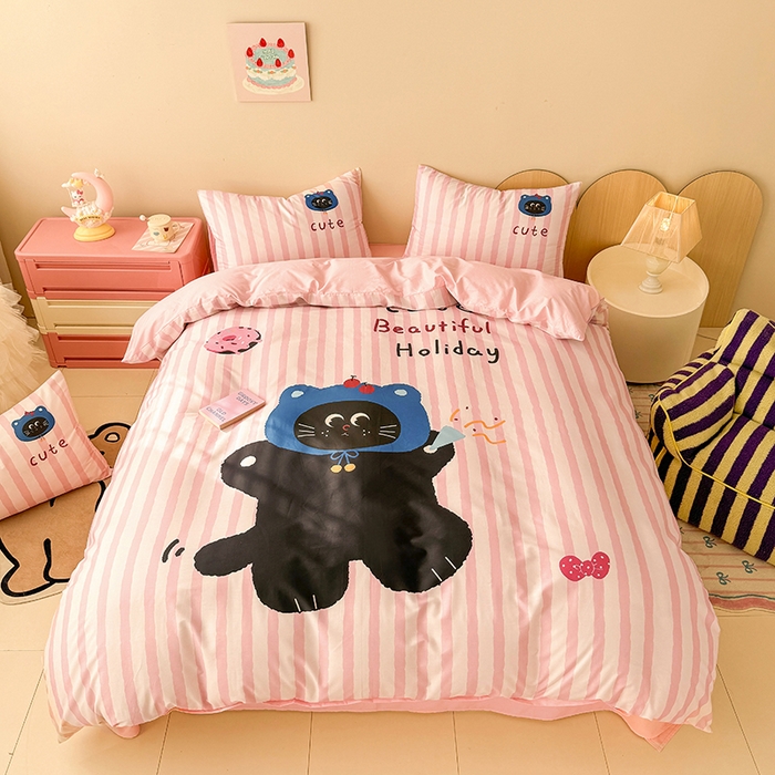 91家纺网 家纺一手货源 找家纺 玉元坊 2025新款通纯色全棉床笠纯棉床裙学生床单三四件套基础款 小黑猫