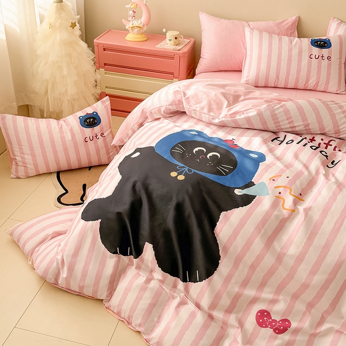 91家纺网 家纺一手货源 找家纺 玉元坊 2025新款通纯色全棉床笠纯棉床裙学生床单三四件套基础款 小黑猫