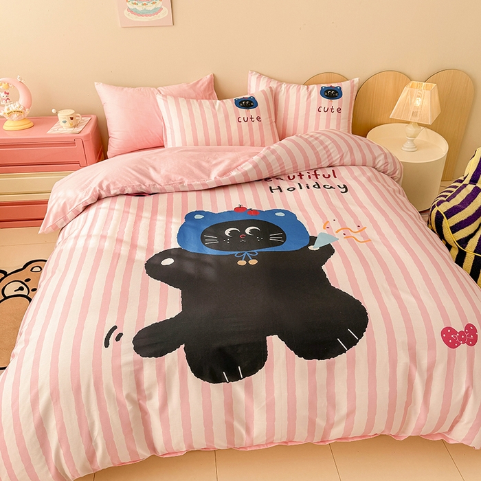 91家纺网 家纺一手货源 找家纺 玉元坊 2025新款通纯色全棉床笠纯棉床裙学生床单三四件套基础款 小黑猫