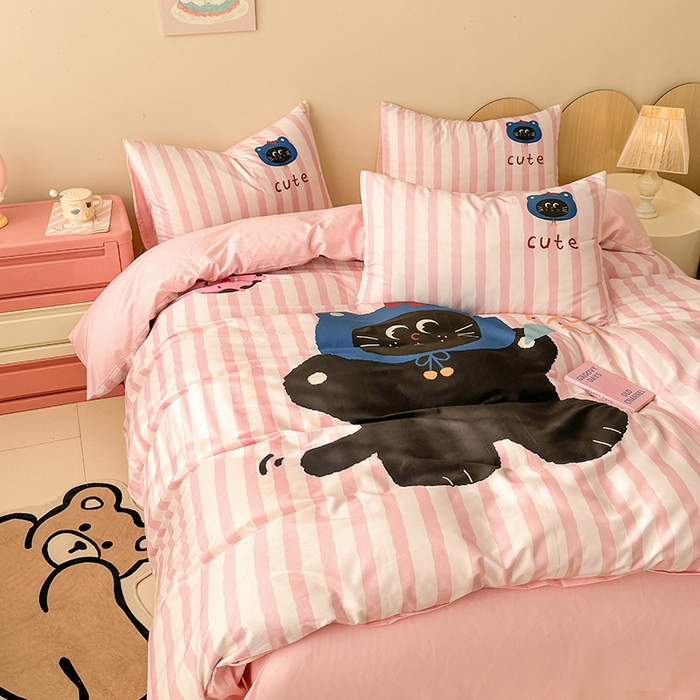 91家纺网 家纺一手货源 找家纺 玉元坊 2025新款通纯色全棉床笠纯棉床裙学生床单三四件套基础款 小黑猫