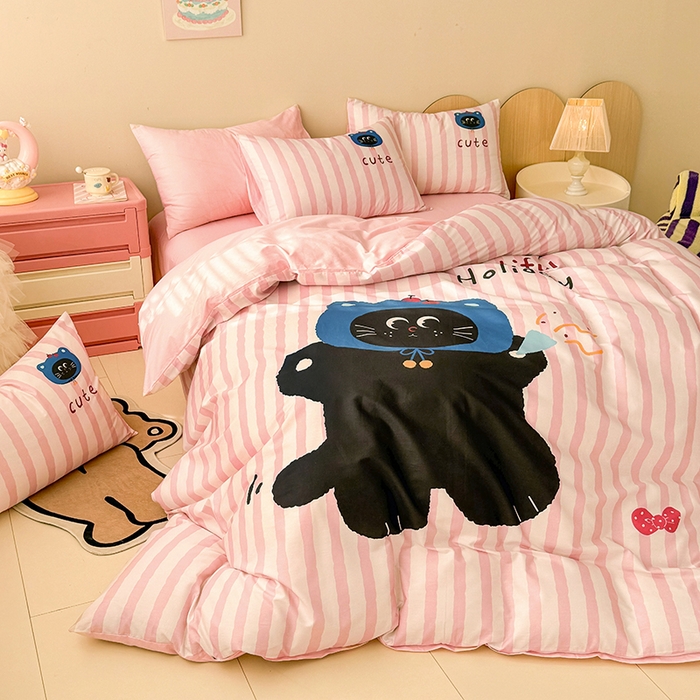 91家纺网 家纺一手货源 找家纺 玉元坊 2025新款通纯色全棉床笠纯棉床裙学生床单三四件套基础款 小黑猫