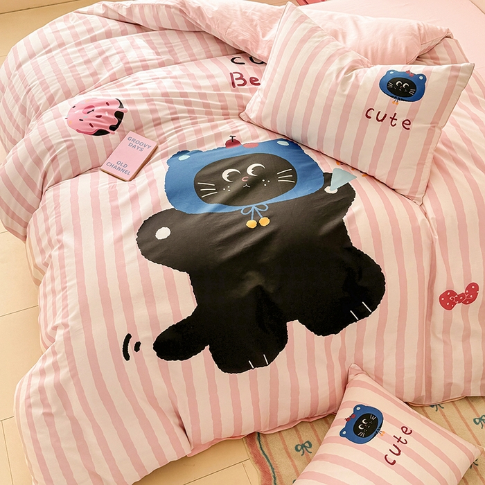 91家纺网 家纺一手货源 找家纺 玉元坊 2025新款通纯色全棉床笠纯棉床裙学生床单三四件套基础款 小黑猫