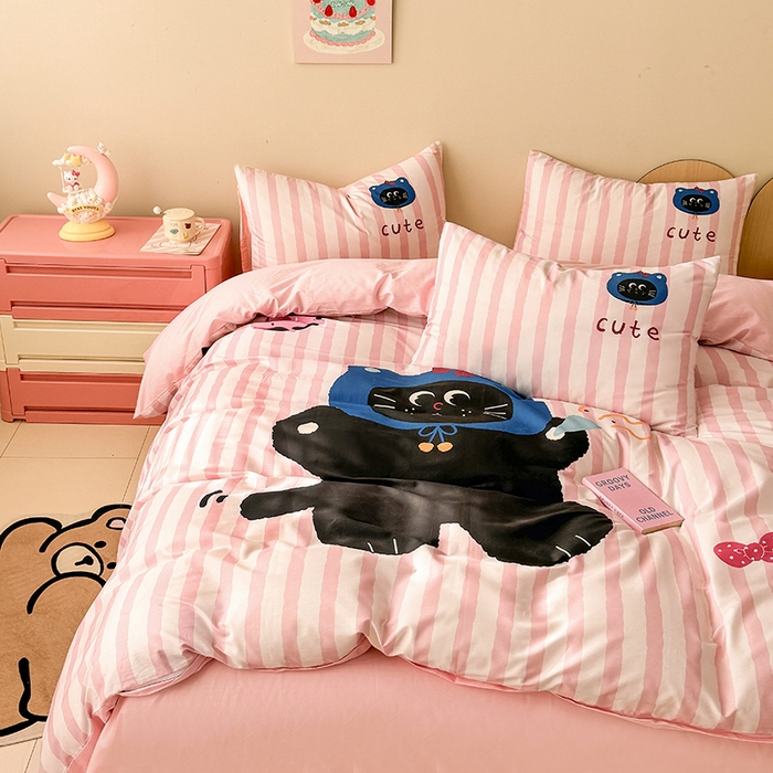 91家纺网 家纺一手货源 找家纺 玉元坊 2025新款通纯色全棉床笠纯棉床裙学生床单三四件套基础款 小黑猫