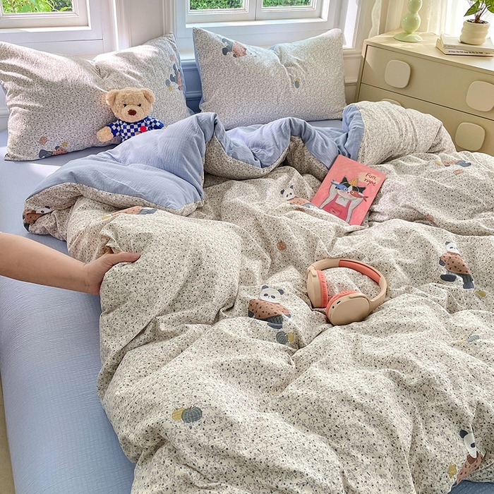 91家纺网 家纺一手货源 找家纺 梦卓家纺 2025新款超柔云感双层纱四件套 熊猫梦想家