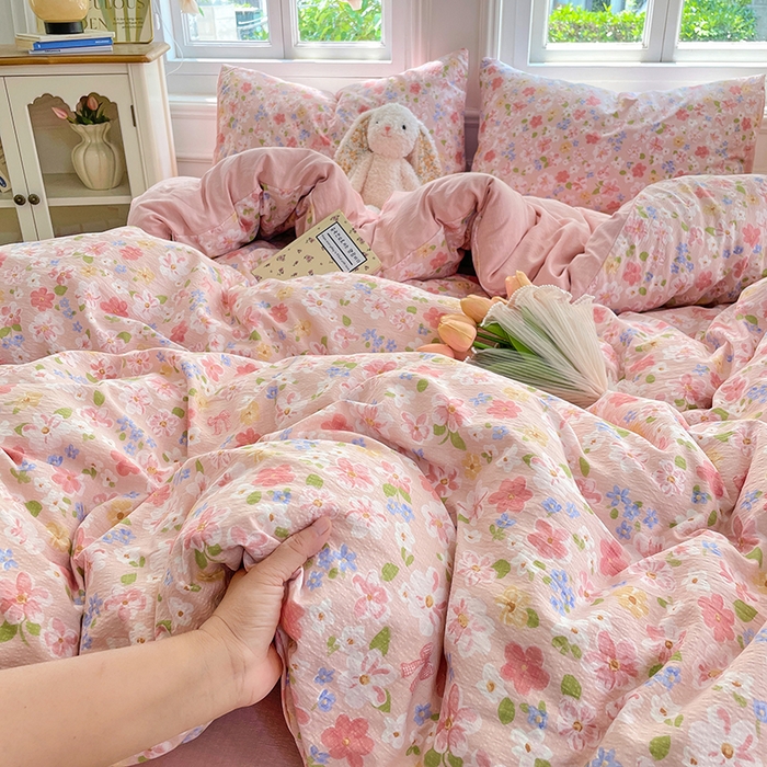 91家纺网 家纺一手货源 找家纺 梦卓家纺 2025新款超柔云感双层纱四件套 桃之夭夭