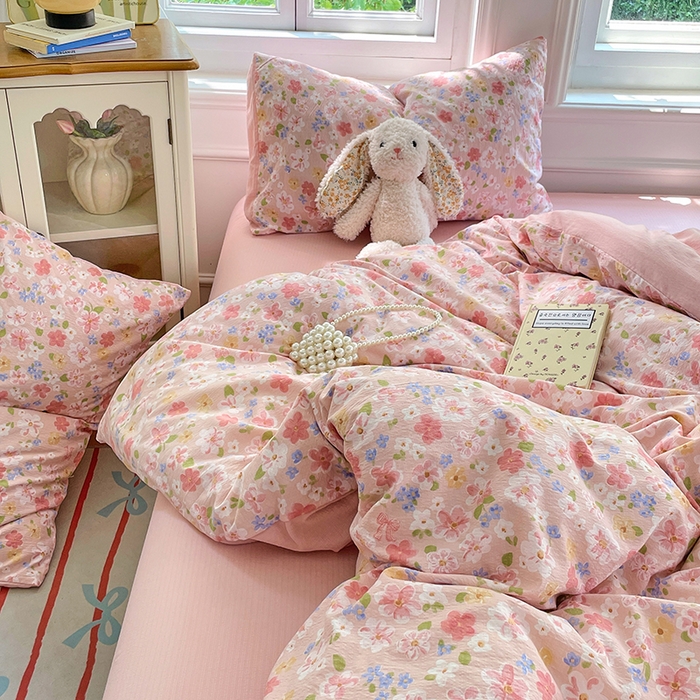 梦卓家纺 2025新款超柔云感双层纱四件套 桃之夭夭