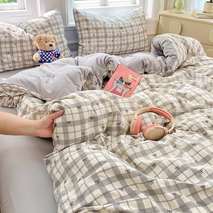 91家纺网 家纺一手货源 找家纺 梦卓家纺 2025新款超柔云感双层纱四件套 格纹蝴蝶结