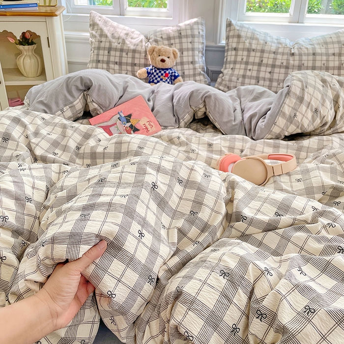 91家纺网 家纺一手货源 找家纺 梦卓家纺 2025新款超柔云感双层纱四件套 格纹蝴蝶结