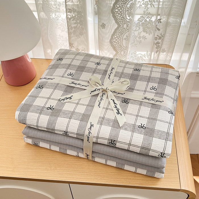 91家纺网 家纺一手货源 找家纺 梦卓家纺 2025新款超柔云感双层纱四件套 格纹蝴蝶结