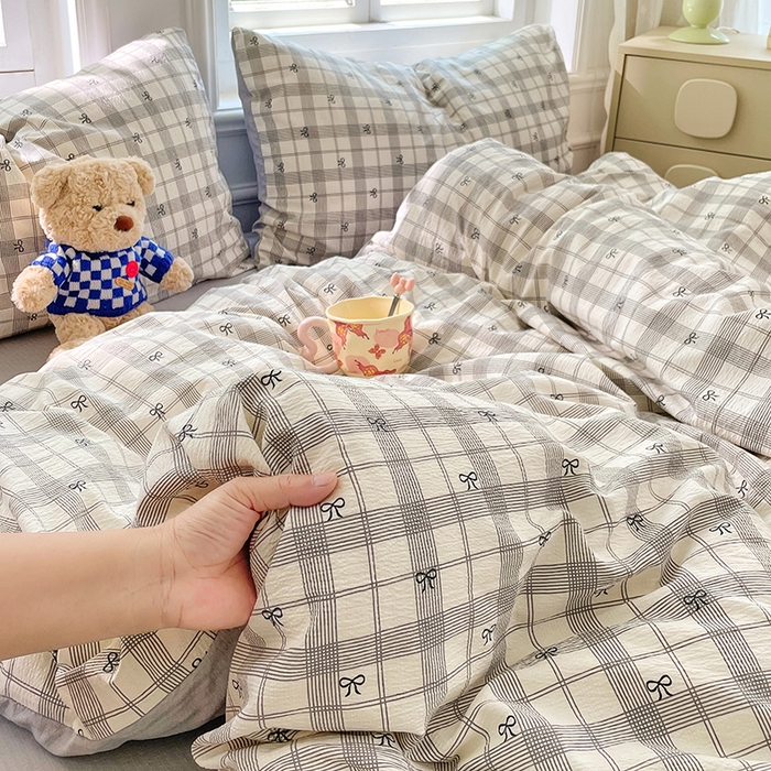 91家纺网 家纺一手货源 找家纺 梦卓家纺 2025新款超柔云感双层纱四件套 格纹蝴蝶结