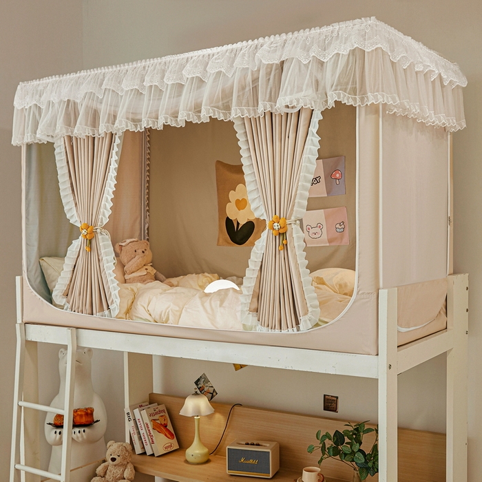 91家纺网 家纺一手货源 找家纺 夏彩 2025新款植绒布蕾丝绣花强遮光铁艺支架学生蚊帐-88625 88625-茶杏色