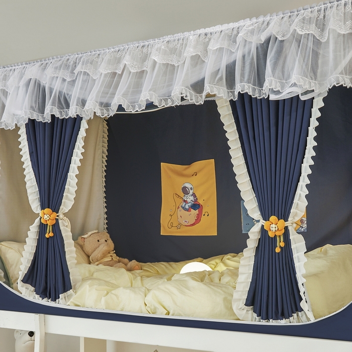 91家纺网 家纺一手货源 找家纺 夏彩 2025新款植绒布蕾丝绣花强遮光铁艺支架学生蚊帐-88625 88625-藏青色