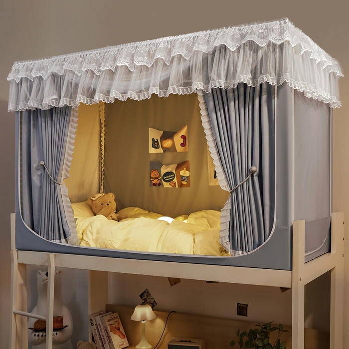 91家纺网 家纺一手货源 找家纺 夏彩 2025新款植绒布蕾丝绣花强遮光铁艺支架学生蚊帐-88625 88625-青术灰