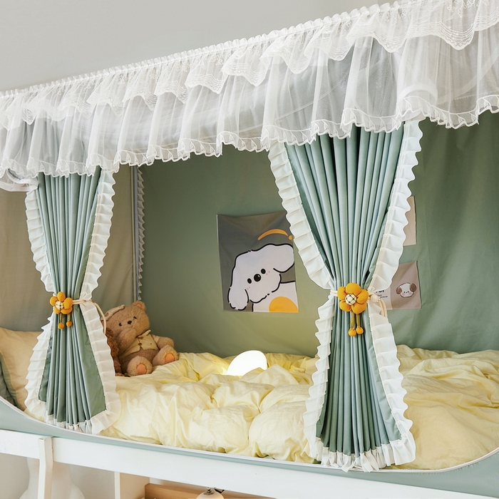 91家纺网 家纺一手货源 找家纺 夏彩 2025新款植绒布蕾丝绣花强遮光铁艺支架学生蚊帐-88625 88625-清新绿