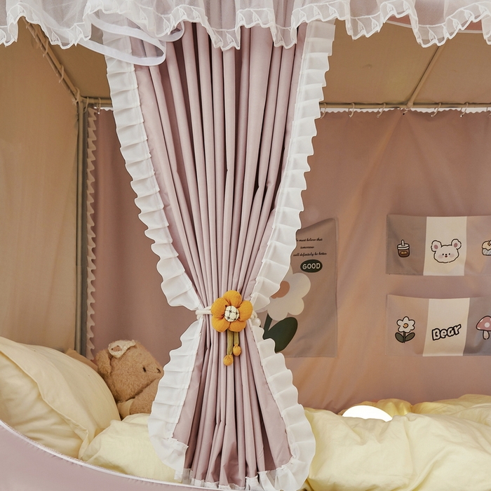 91家纺网 家纺一手货源 找家纺 夏彩 2025新款植绒布蕾丝绣花强遮光铁艺支架学生蚊帐-88625 88625-浅豆沙