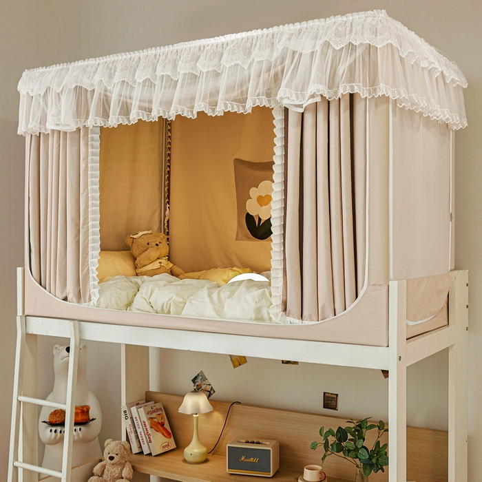 91家纺网 家纺一手货源 找家纺 夏彩 2025新款植绒布蕾丝绣花强遮光铁艺支架学生蚊帐-88625 88625-茶杏色