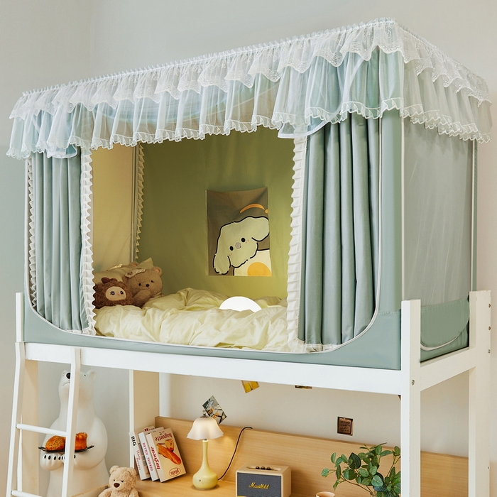 91家纺网 家纺一手货源 找家纺 夏彩 2025新款植绒布蕾丝绣花强遮光铁艺支架学生蚊帐-88625 88625-清新绿