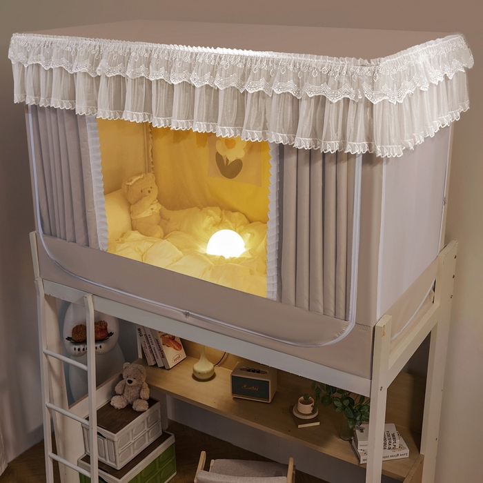 91家纺网 家纺一手货源 找家纺 夏彩 2025新款植绒布蕾丝绣花强遮光铁艺支架学生蚊帐-88625 88625-茶杏色