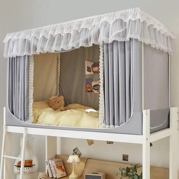 91家纺网 家纺一手货源 找家纺 夏彩 2025新款植绒布蕾丝绣花强遮光铁艺支架学生蚊帐-88625 88625-青术灰