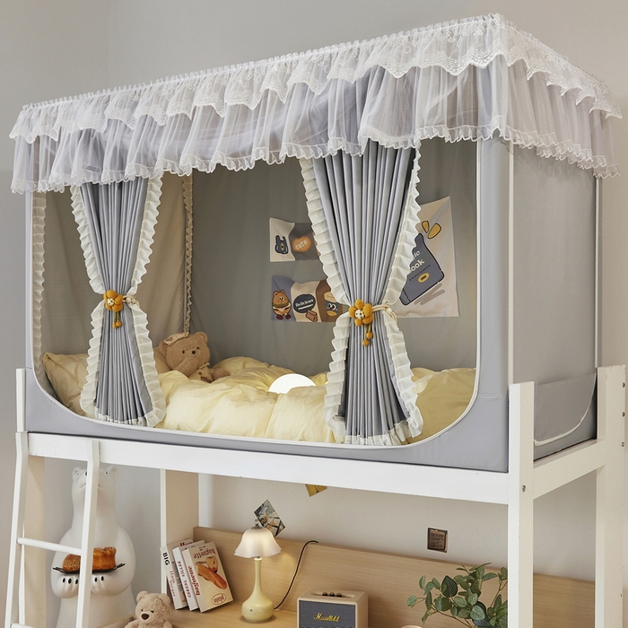 91家纺网 家纺一手货源 找家纺 夏彩 2025新款植绒布蕾丝绣花强遮光铁艺支架学生蚊帐-88625 88625-青术灰