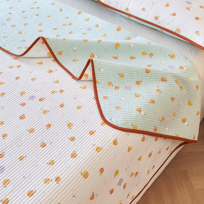 91家纺网 家纺一手货源 找家纺 莎果家纺 2025新款12868双面纯棉床盖三件套 小橙子