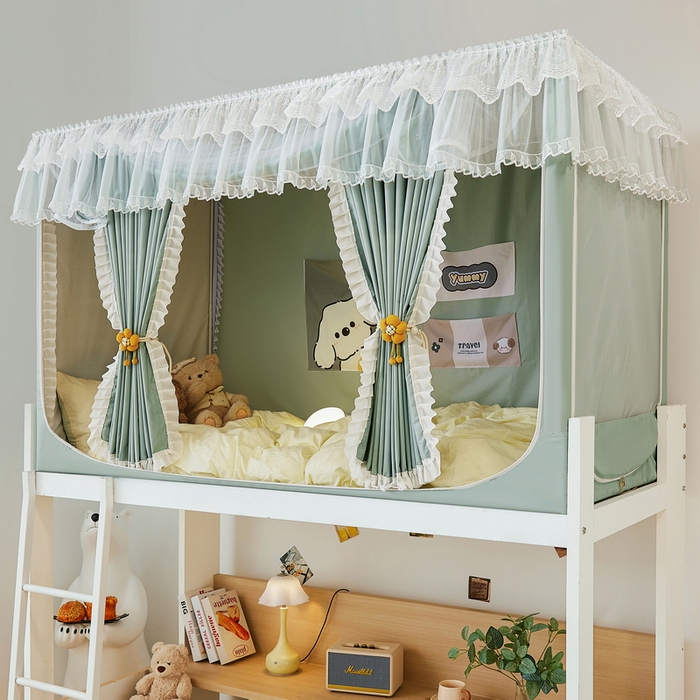 91家纺网 家纺一手货源 找家纺 夏彩 2025新款植绒布蕾丝绣花强遮光铁艺支架学生蚊帐-88625 88625-清新绿