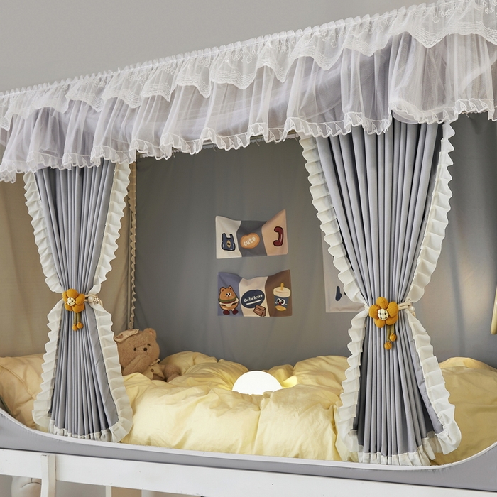 91家纺网 家纺一手货源 找家纺 夏彩 2025新款植绒布蕾丝绣花强遮光铁艺支架学生蚊帐-88625 88625-青术灰