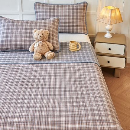 莎果家纺 2025新款12868双面纯棉床盖三件套 棕色格子