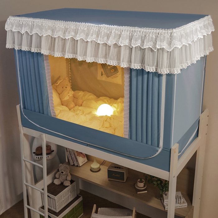 91家纺网 家纺一手货源 找家纺 夏彩 2025新款植绒布蕾丝绣花强遮光铁艺支架学生蚊帐-88625 88625-云水蓝