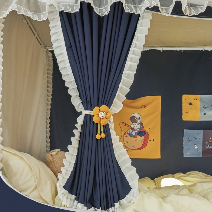 91家纺网 家纺一手货源 找家纺 夏彩 2025新款植绒布蕾丝绣花强遮光铁艺支架学生蚊帐-88625 88625-藏青色