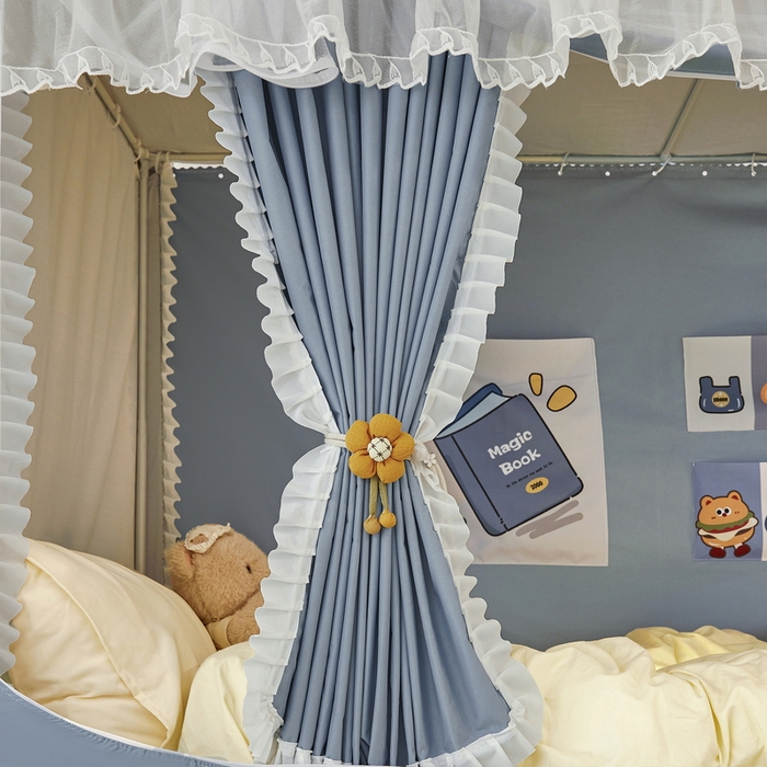 91家纺网 家纺一手货源 找家纺 夏彩 2025新款植绒布蕾丝绣花强遮光铁艺支架学生蚊帐-88625 88625-云水蓝