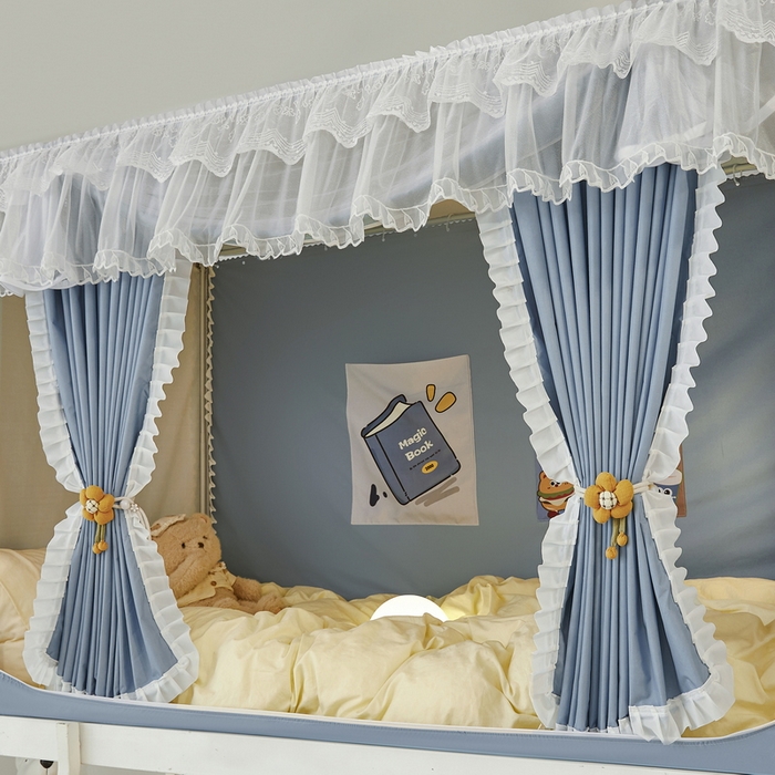 91家纺网 家纺一手货源 找家纺 夏彩 2025新款植绒布蕾丝绣花强遮光铁艺支架学生蚊帐-88625 88625-云水蓝