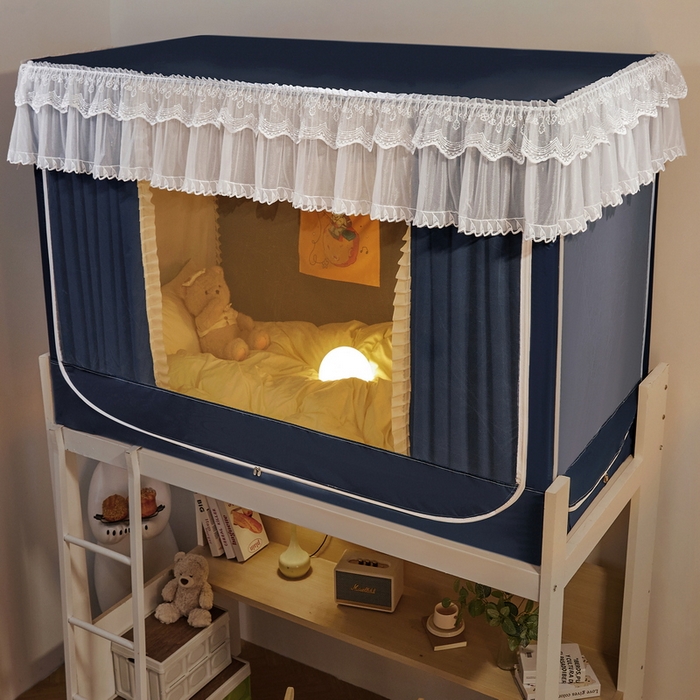 91家纺网 家纺一手货源 找家纺 夏彩 2025新款植绒布蕾丝绣花强遮光铁艺支架学生蚊帐-88625 88625-藏青色