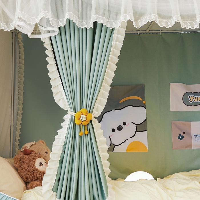 91家纺网 家纺一手货源 找家纺 夏彩 2025新款植绒布蕾丝绣花强遮光铁艺支架学生蚊帐-88625 88625-清新绿