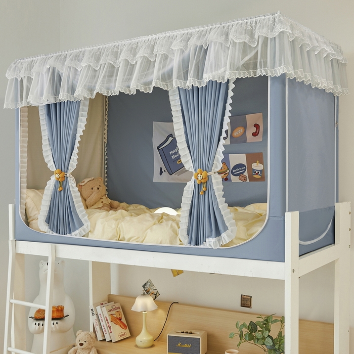 91家纺网 家纺一手货源 找家纺 夏彩 2025新款植绒布蕾丝绣花强遮光铁艺支架学生蚊帐-88625 88625-云水蓝