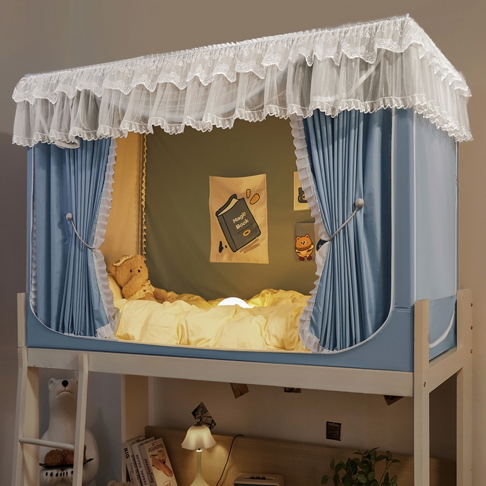 91家纺网 家纺一手货源 找家纺 夏彩 2025新款植绒布蕾丝绣花强遮光铁艺支架学生蚊帐-88625 88625-云水蓝