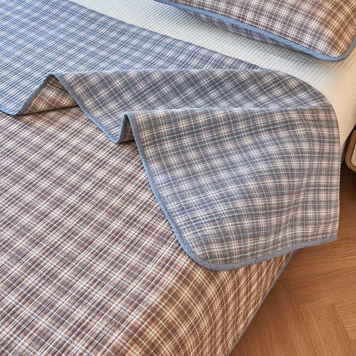 91家纺网 家纺一手货源 找家纺 莎果家纺 2025新款12868双面纯棉床盖三件套 棕色格子