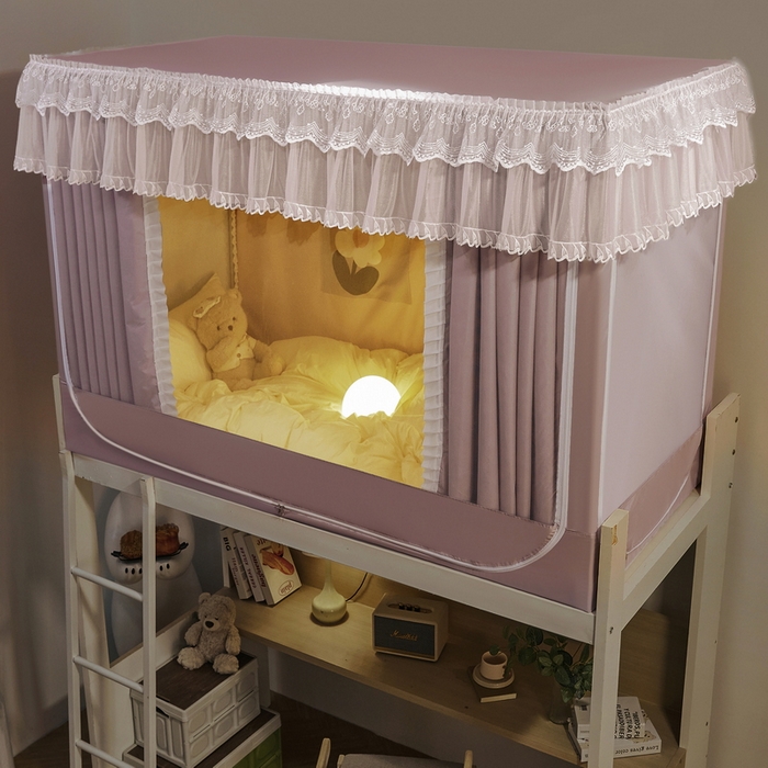 91家纺网 家纺一手货源 找家纺 夏彩 2025新款植绒布蕾丝绣花强遮光铁艺支架学生蚊帐-88625 88625-浅豆沙