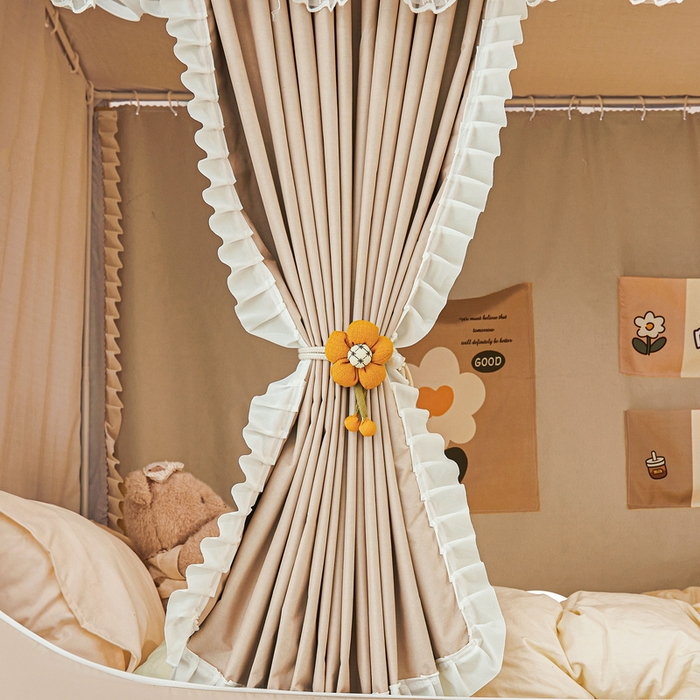 91家纺网 家纺一手货源 找家纺 夏彩 2025新款植绒布蕾丝绣花强遮光铁艺支架学生蚊帐-88625 88625-茶杏色