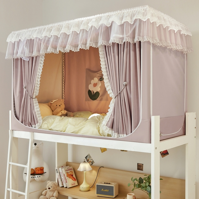 91家纺网 家纺一手货源 找家纺 夏彩 2025新款植绒布蕾丝绣花强遮光铁艺支架学生蚊帐-88625 88625-浅豆沙