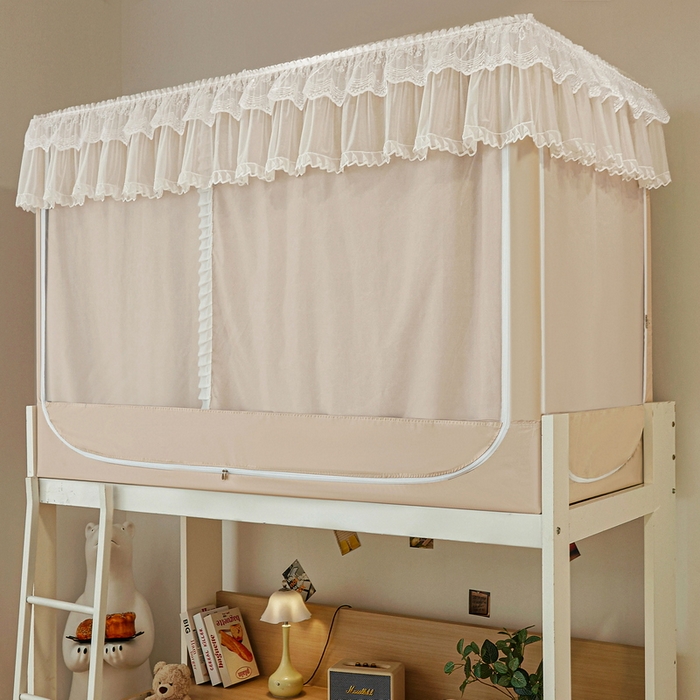 91家纺网 家纺一手货源 找家纺 夏彩 2025新款植绒布蕾丝绣花强遮光铁艺支架学生蚊帐-88625 88625-茶杏色