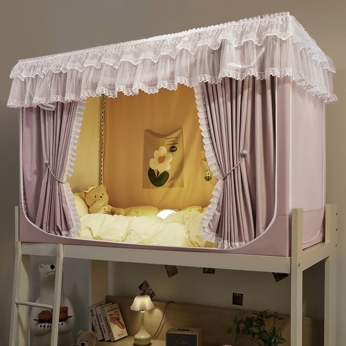 91家纺网 家纺一手货源 找家纺 夏彩 2025新款植绒布蕾丝绣花强遮光铁艺支架学生蚊帐-88625 88625-浅豆沙